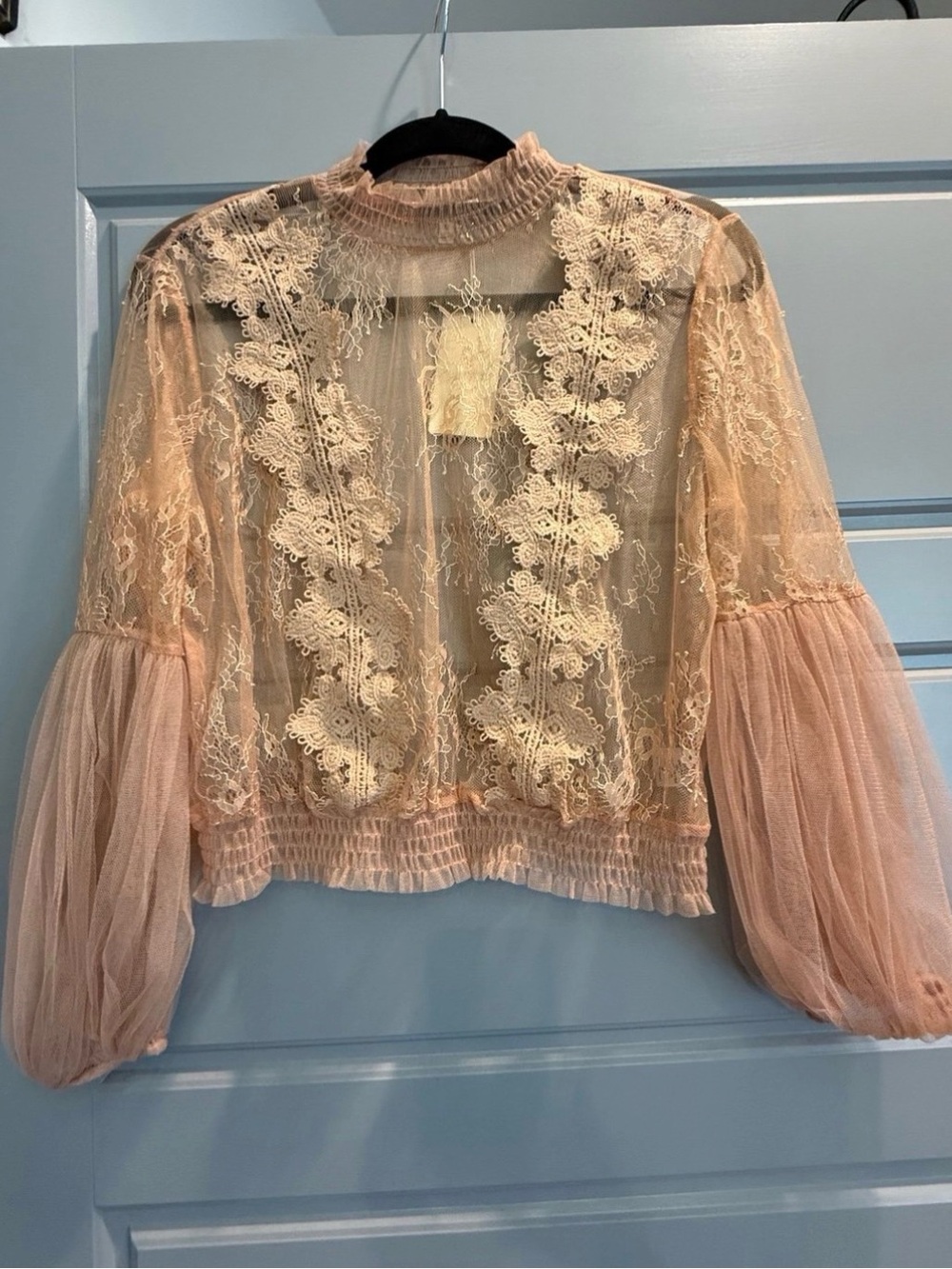 NWT Boutique Peach Lace Sheer Ruffled Mock Neck Blouse
